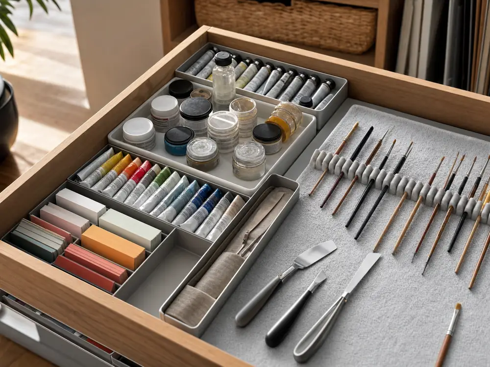 small apartment art paint supplies storage ideas showing paint supply drawer