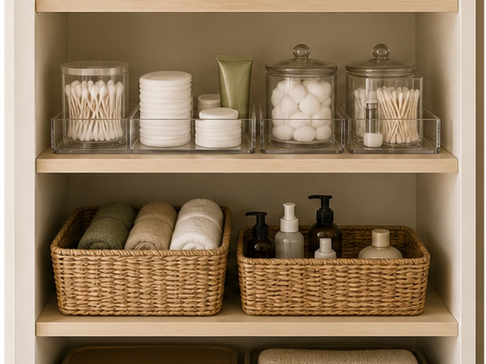 small apartment bathroom closet organization ideas toiletry trays cotton boxes