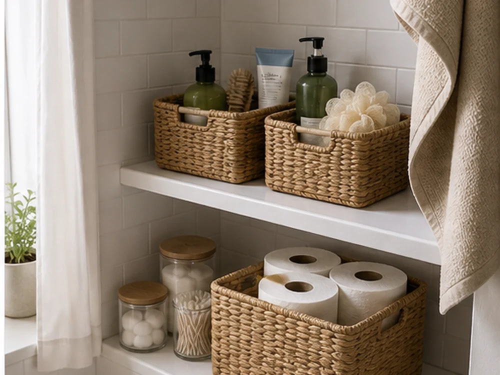 small apartment bathroom shelf organization ideas shower adjacent moisture baskets