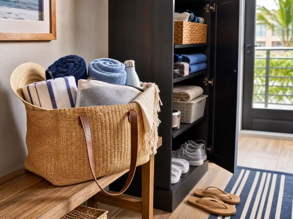small apartment beach gear storage ideas showing beach departure bag