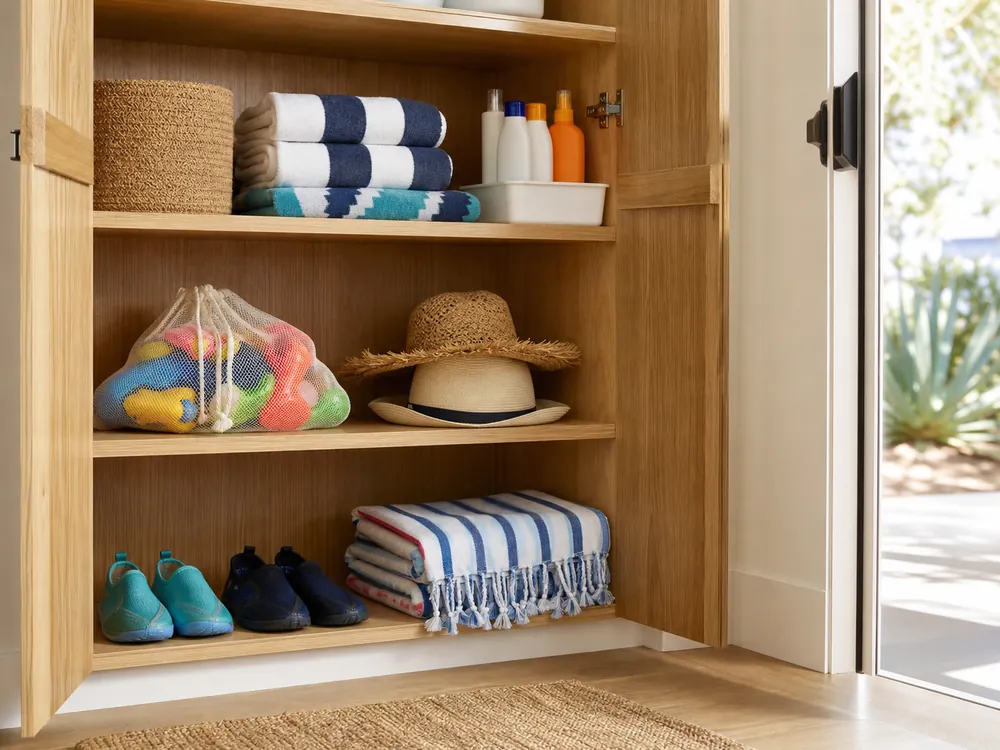 small apartment beach gear storage ideas showing beach entry cabinet