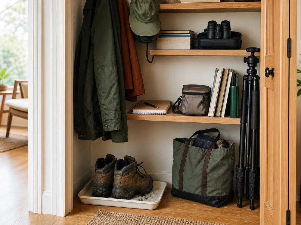 small apartment birdwatching gear storage ideas showing birdwatching gear cabinet