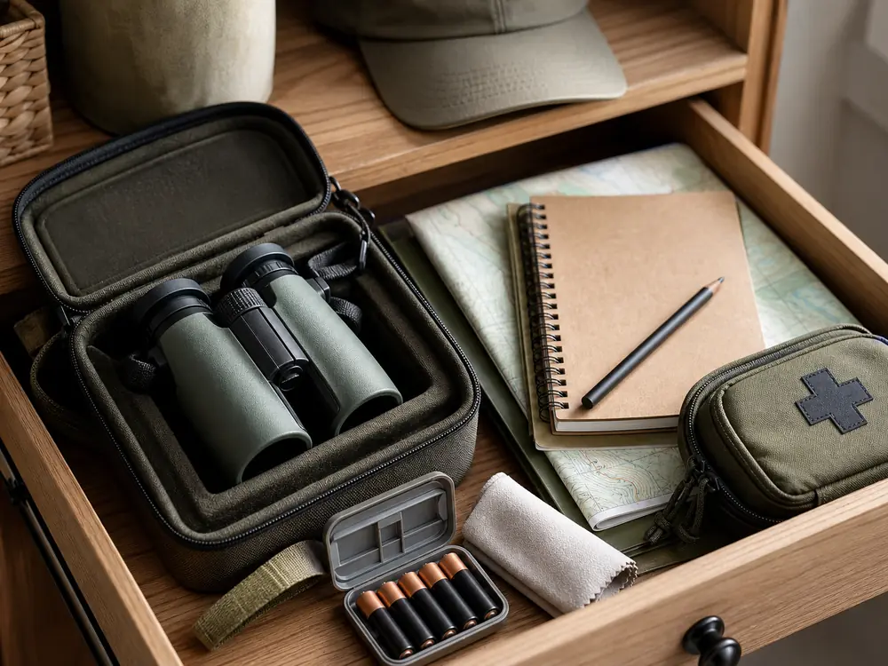 small apartment birdwatching gear storage ideas showing birdwatching optics drawer