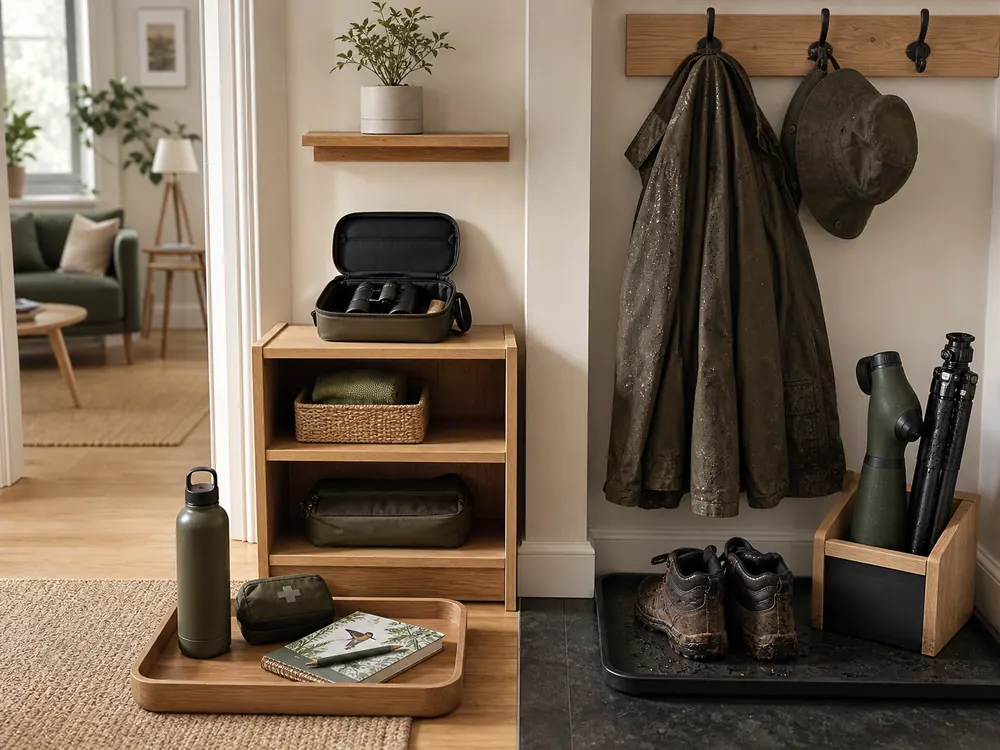 small apartment birdwatching gear storage ideas showing birdwatching return zone