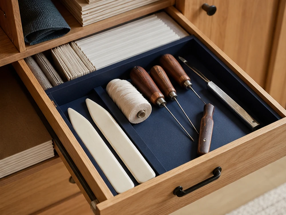 small apartment bookbinding supplies storage ideas showing t06 detail