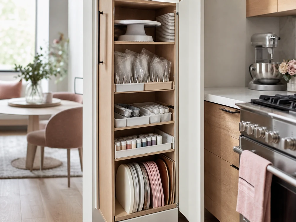 small apartment cake decorating supplies storage ideas showing cake decorating cabinet