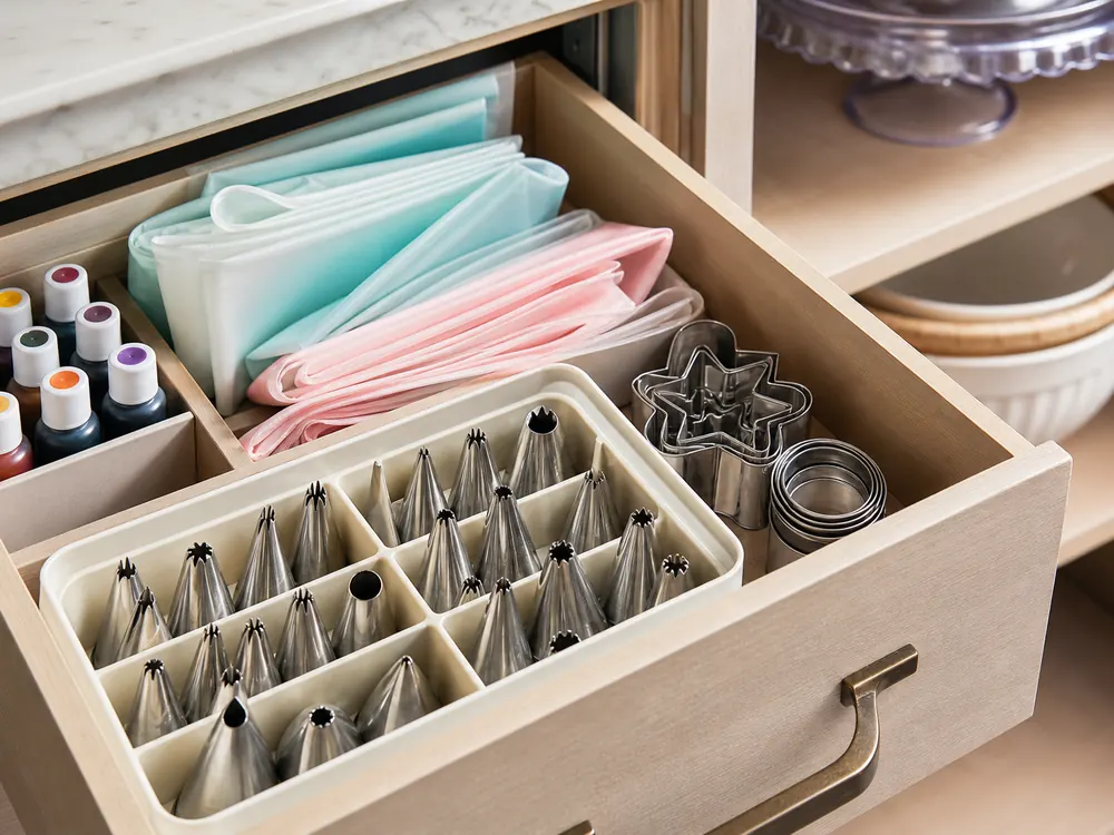 small apartment cake decorating supplies storage ideas showing cake tools drawer