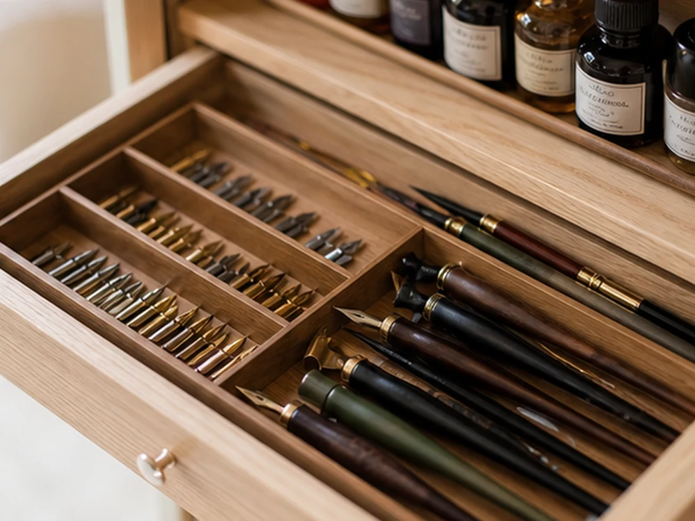 small apartment calligraphy supplies storage ideas showing t01 detail
