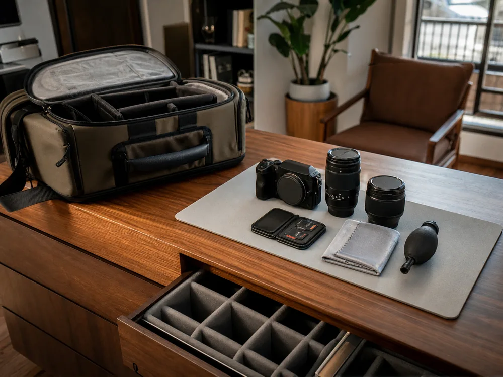 small apartment camera gear storage ideas showing camera bag packing station