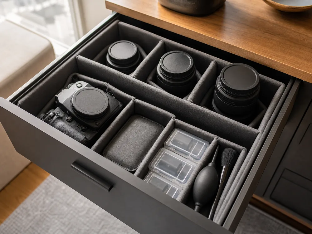 small apartment camera gear storage ideas showing camera lens divider drawer