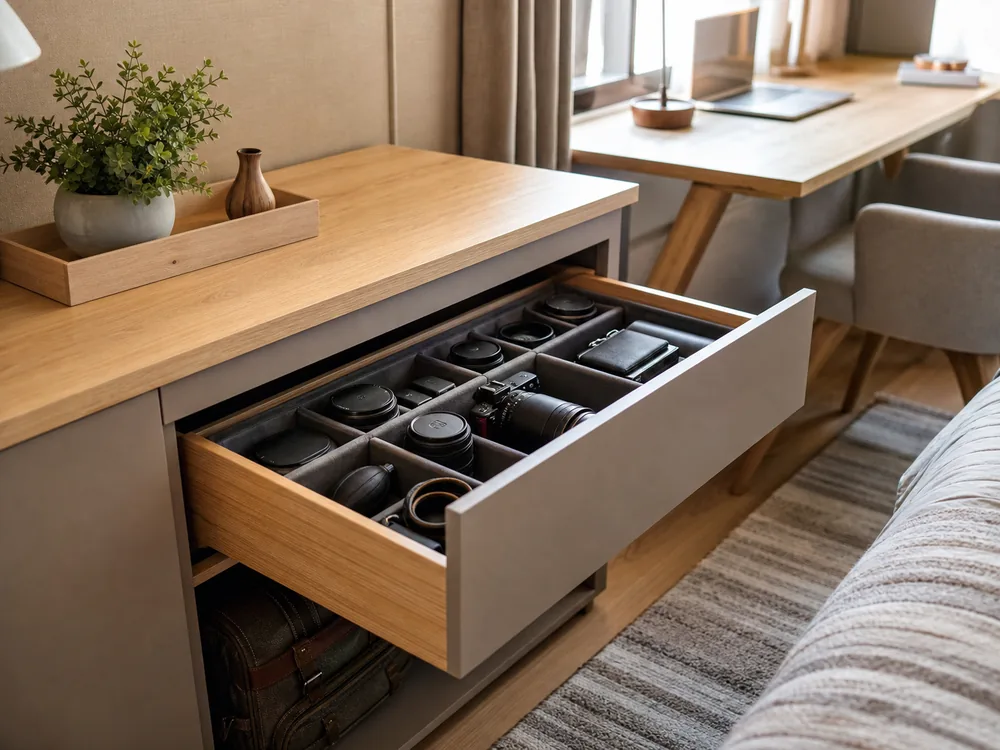 small apartment camera gear storage ideas showing padded camera cabinet