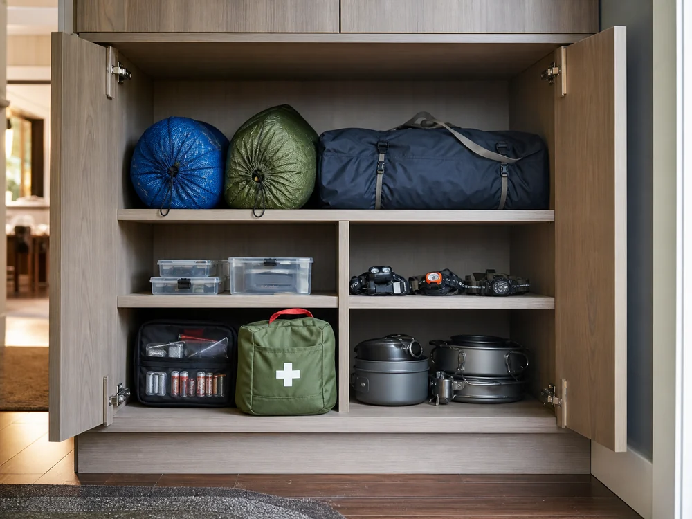 small apartment camping supplies storage ideas showing camping cabinet