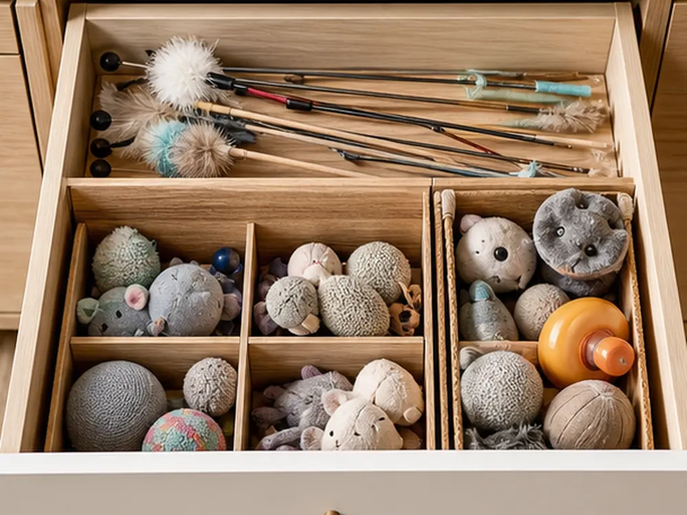 small apartment cat toy storage ideas showing t28 detail