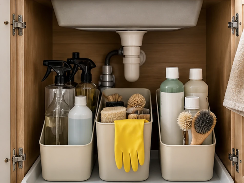 small apartment cleaning supplies storage ideas under sink cleaning tray