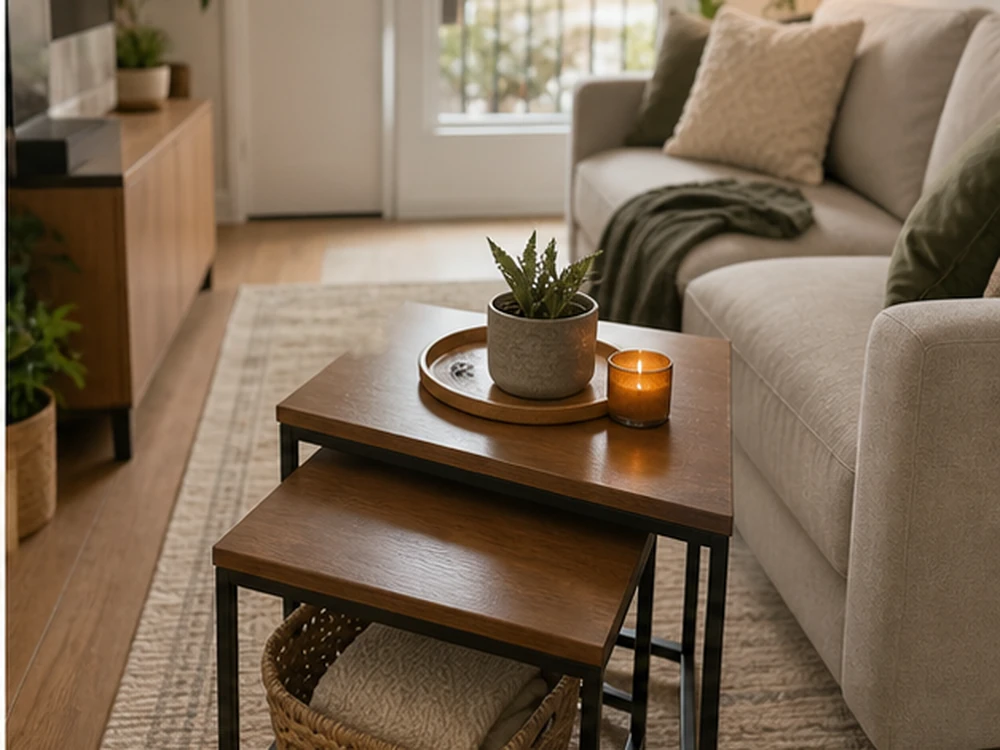 small apartment coffee table storage ideas nesting table reset basket