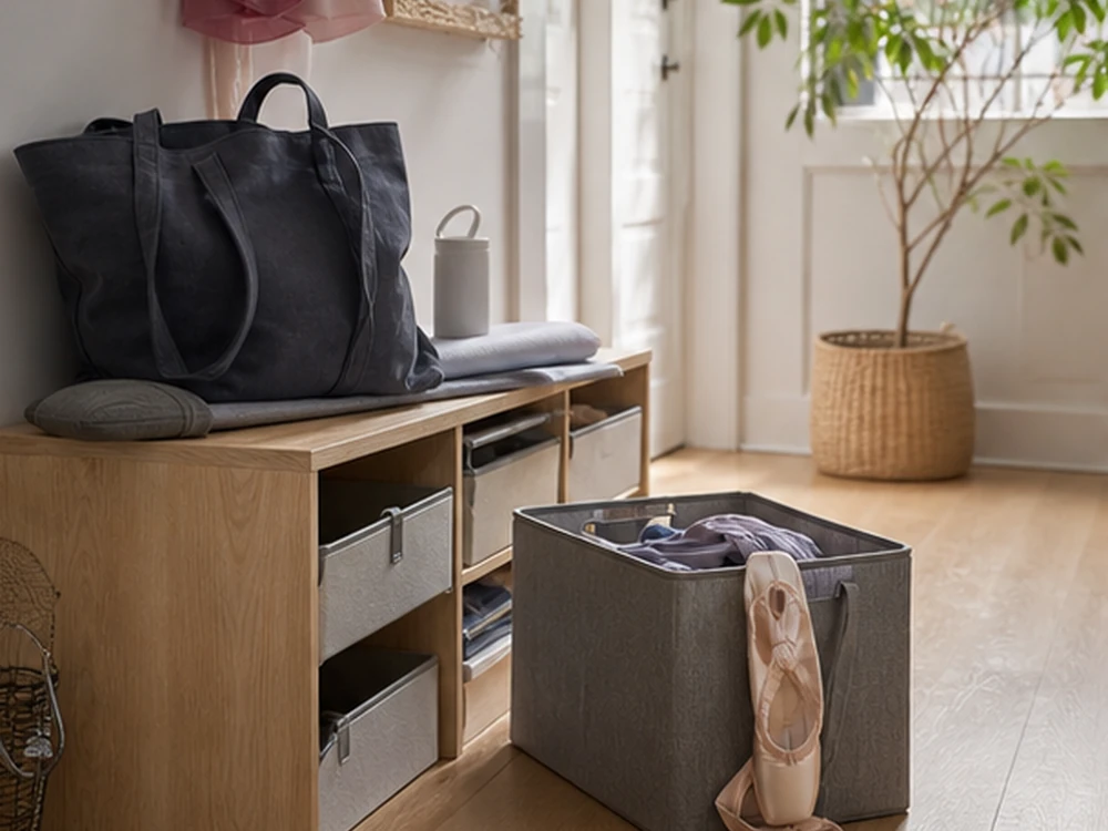 small apartment dancewear storage ideas showing t25 reset