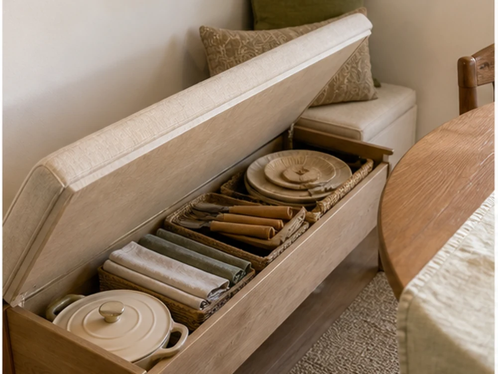 small apartment dining table storage ideas shown with dining bench linen storage