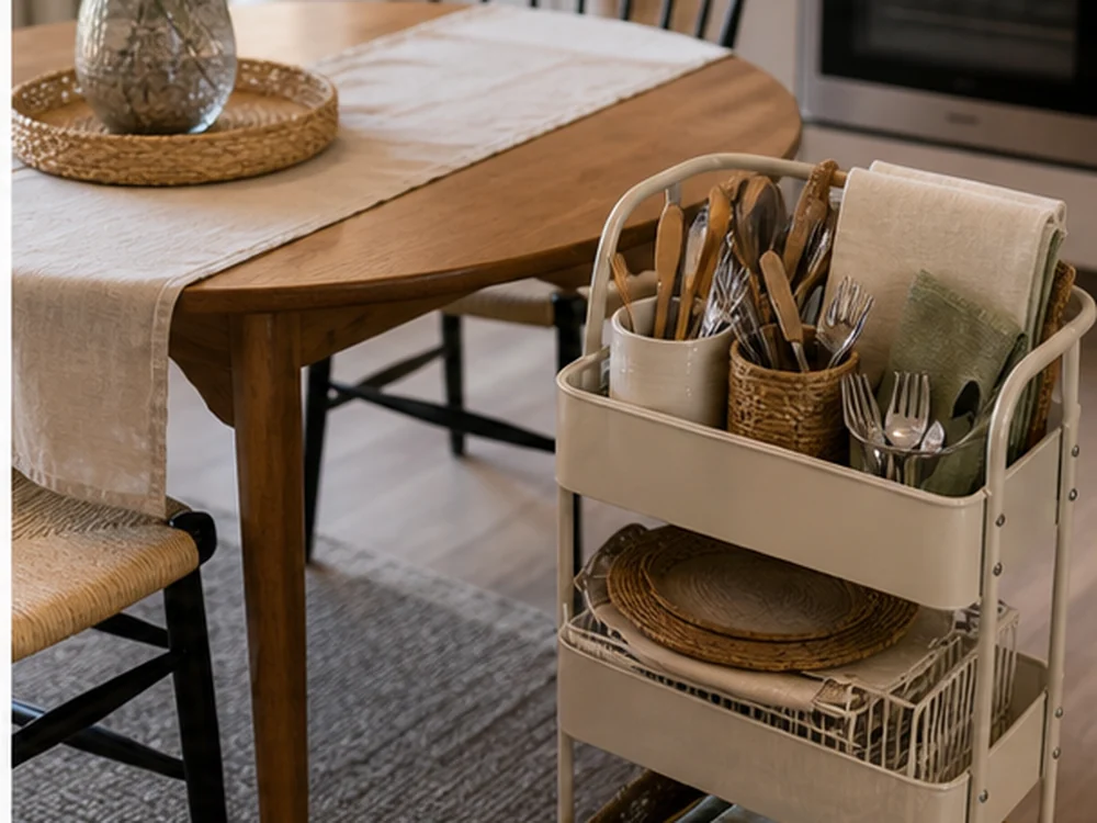 small apartment dining table storage ideas shown with rolling caddy table reset