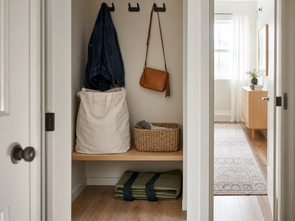 small apartment donation station ideas showing entry closet donation zone