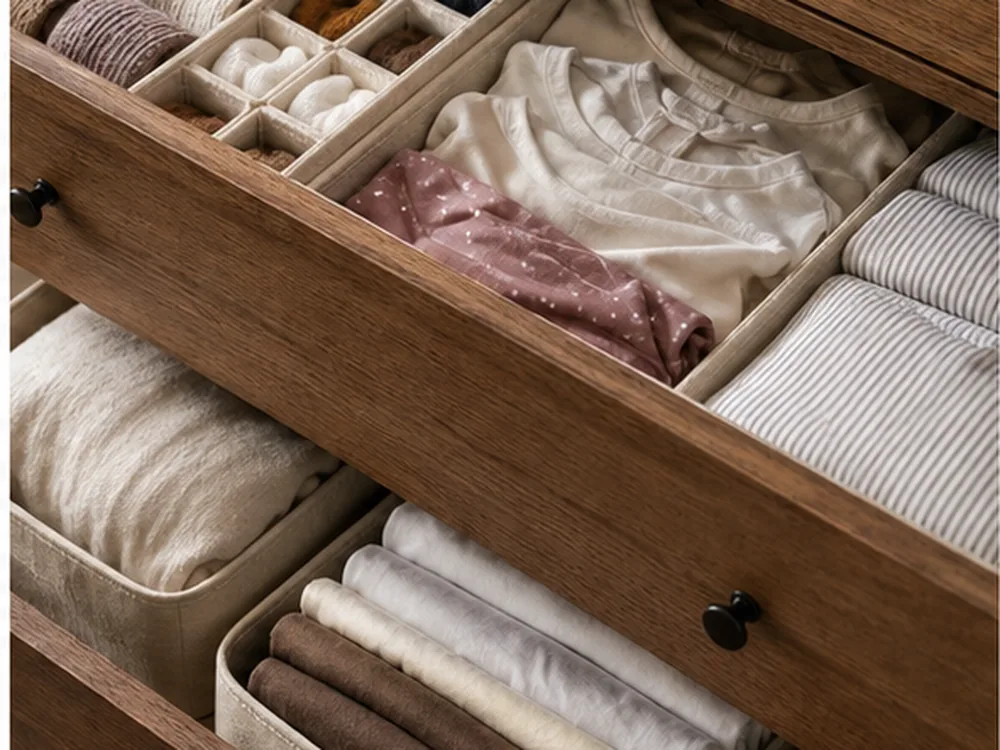 small apartment dresser organization ideas shown with divided clothing drawers