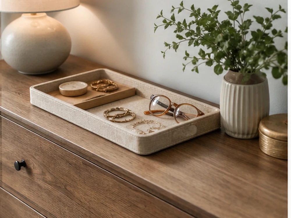 small apartment dresser organization ideas shown with dresser top landing tray