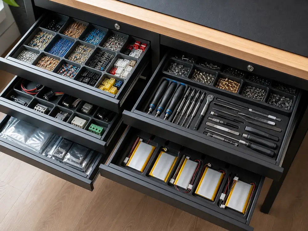 small apartment electronics repair supplies storage ideas showing electronics parts drawers