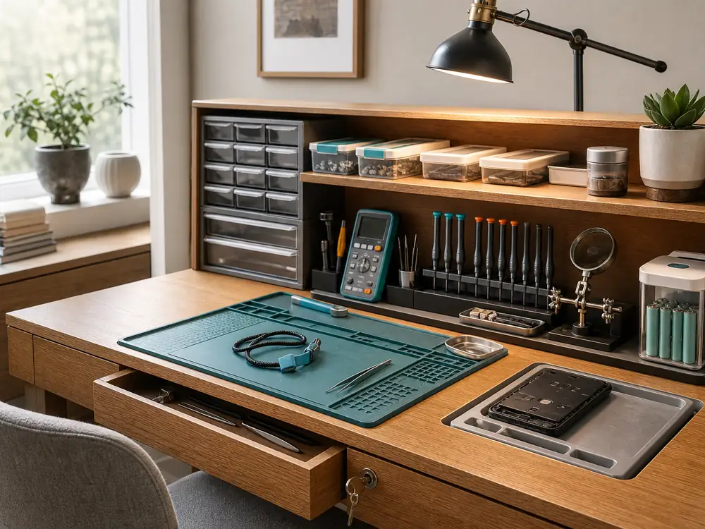 small apartment electronics repair supplies storage ideas showing electronics repair cabinet