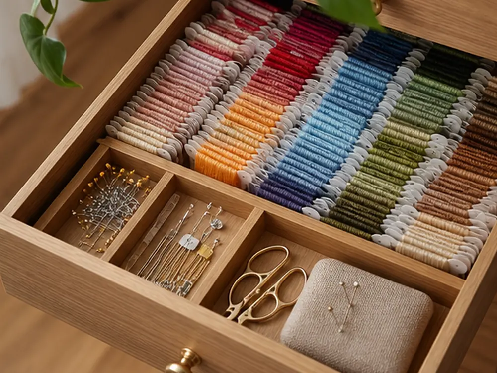 small apartment embroidery supplies storage ideas showing t02 detail