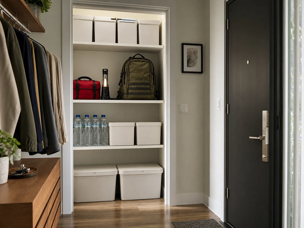 small apartment emergency supplies storage ideas showing accessible go bag zone