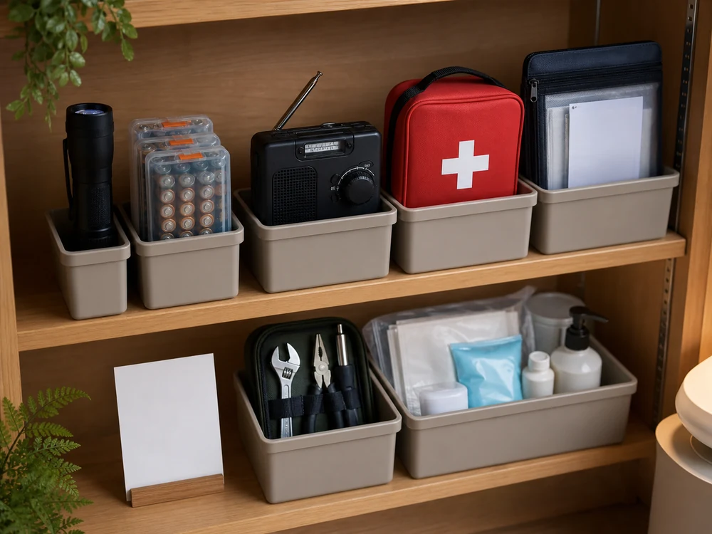 small apartment emergency supplies storage ideas showing emergency supply modules