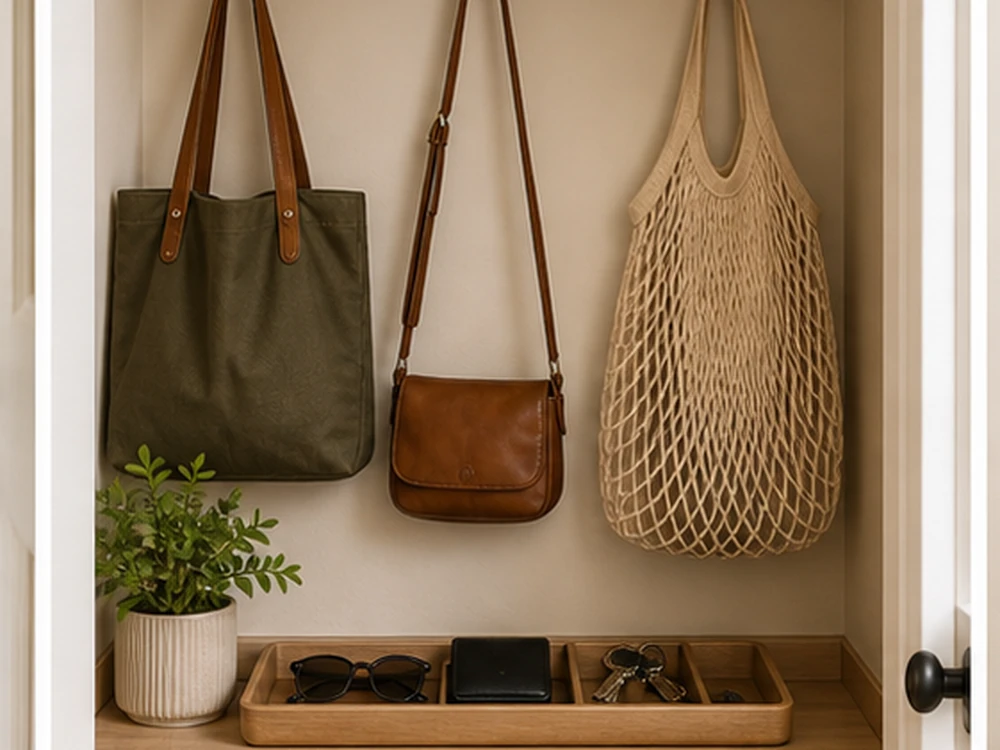 small apartment entryway closet ideas bag hooks mail tray
