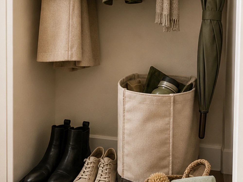 small apartment entryway closet ideas boot tray seasonal bins