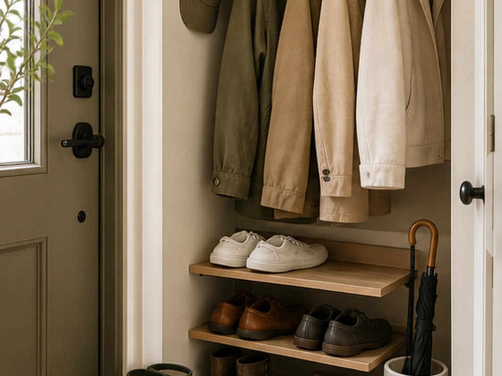 small apartment entryway closet ideas shoe shelves coat rail