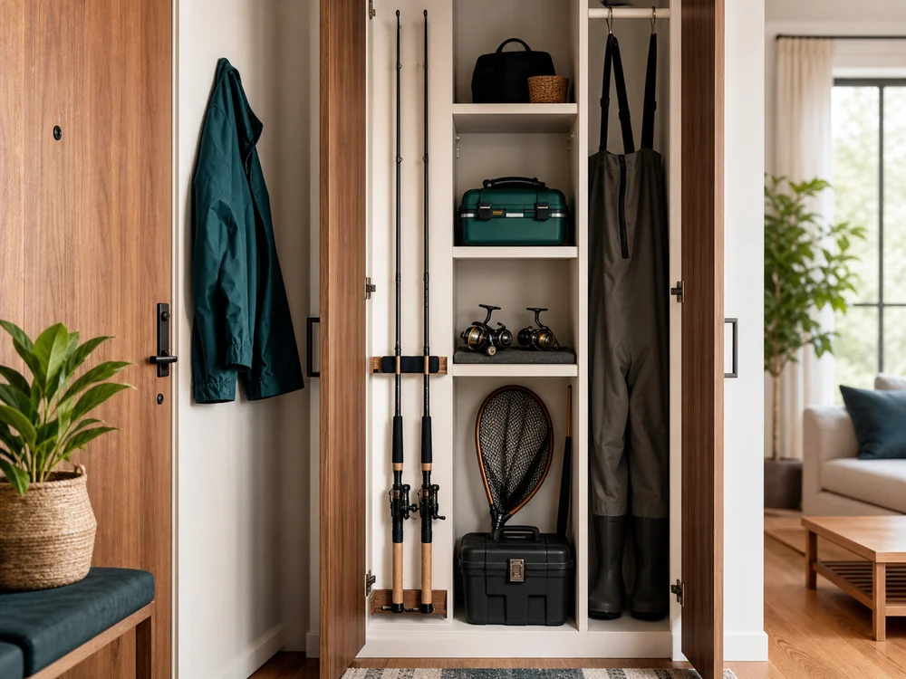 small apartment fishing gear storage ideas showing fishing gear closet