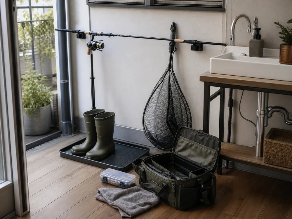 small apartment fishing gear storage ideas showing fishing return zone