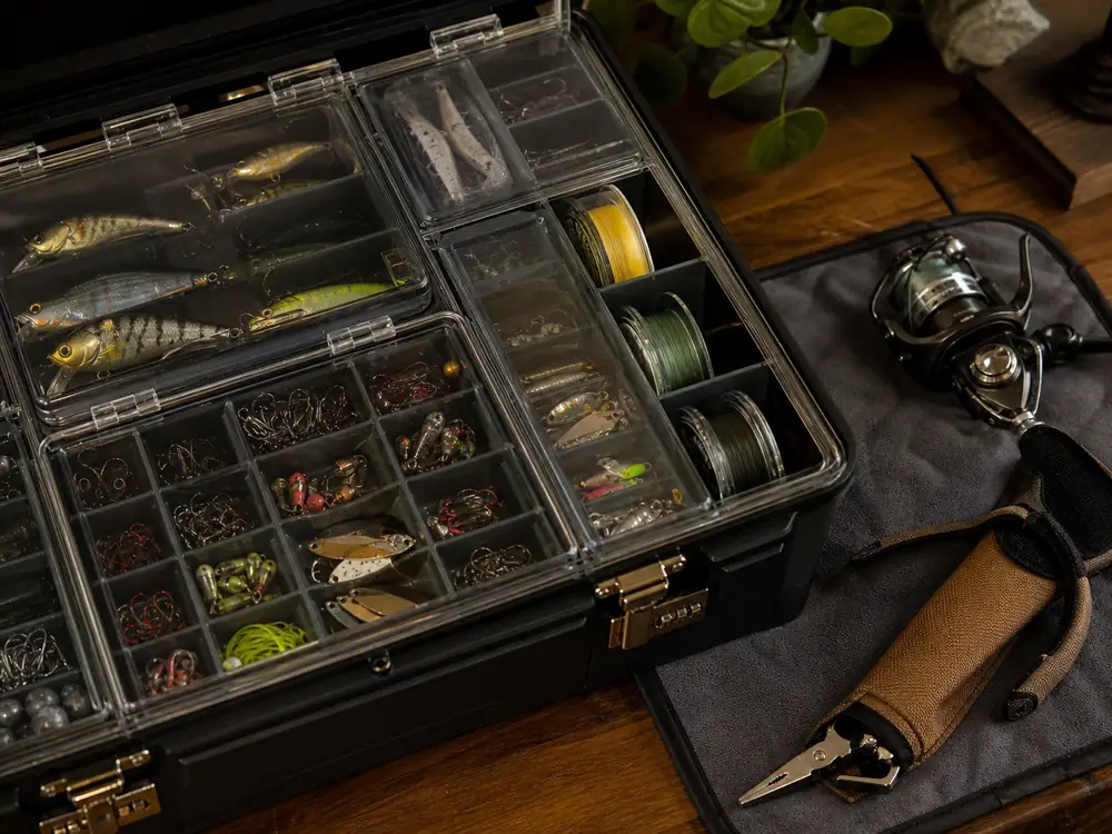 small apartment fishing gear storage ideas showing fishing tackle case