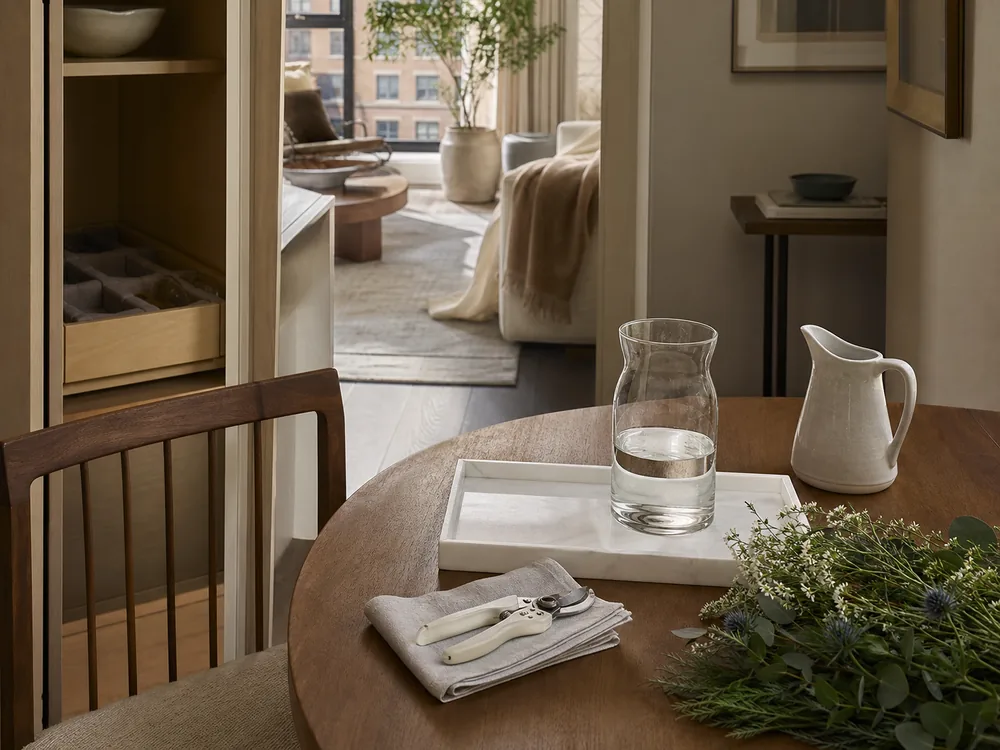 small apartment flower vase storage ideas showing flower arranging station