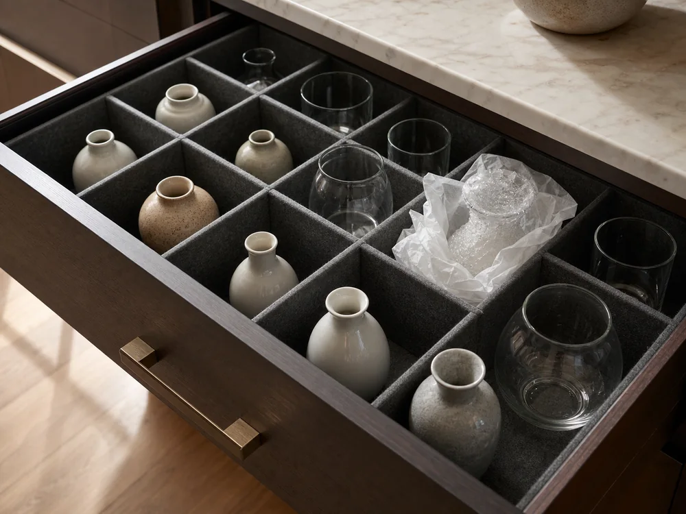 small apartment flower vase storage ideas showing padded vase drawer