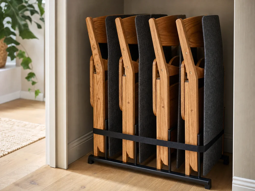 small apartment folding chair storage ideas showing felt separated chair storage