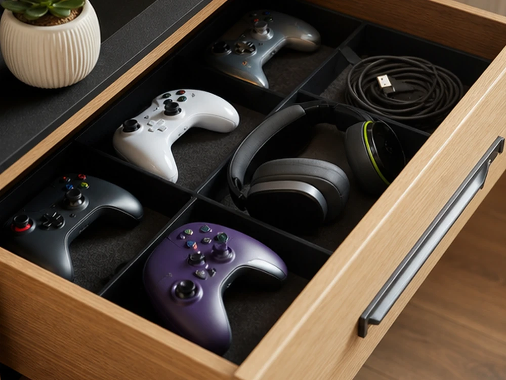 small apartment gaming accessories storage ideas showing t19 detail