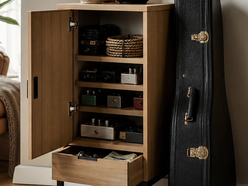 small apartment guitar accessories storage ideas showing t17 overview