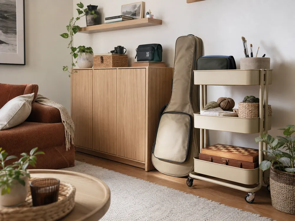 small apartment hobby storage ideas showing mixed hobby living room