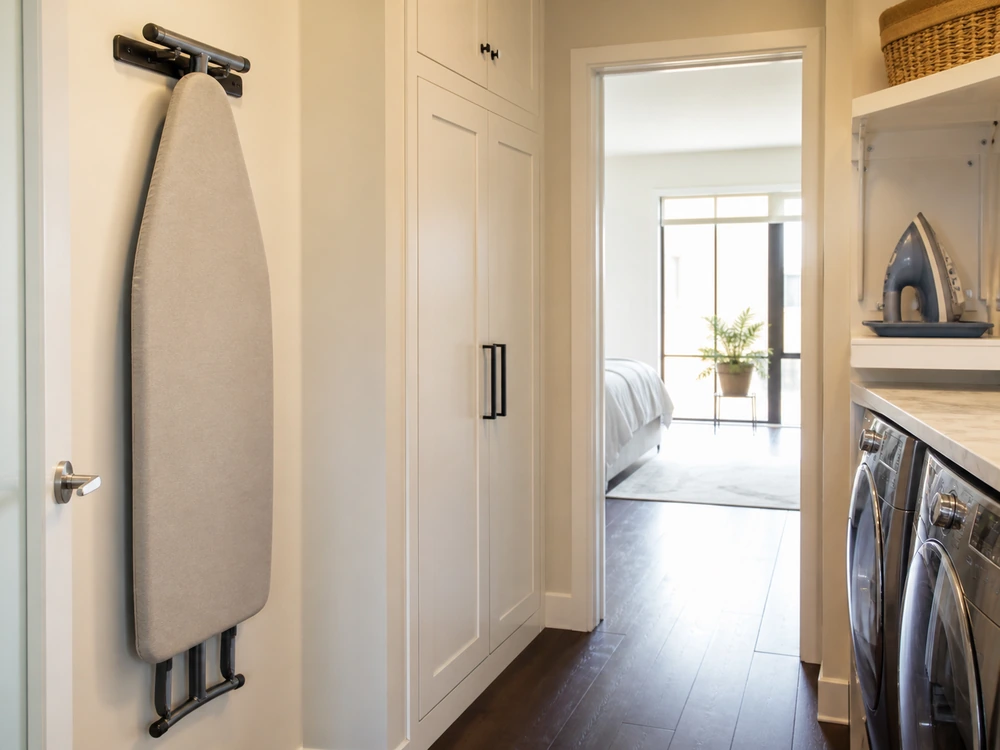 small apartment ironing board storage ideas showing vertical ironing board