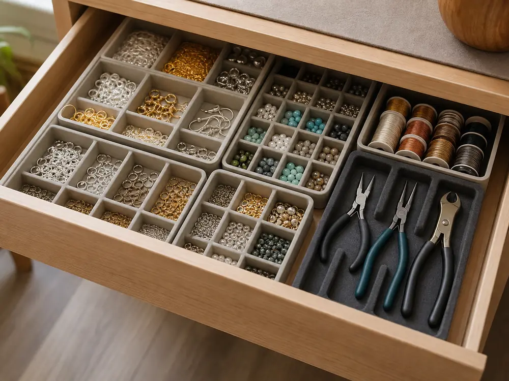 small apartment jewelry making supplies storage ideas showing jewelry findings drawer