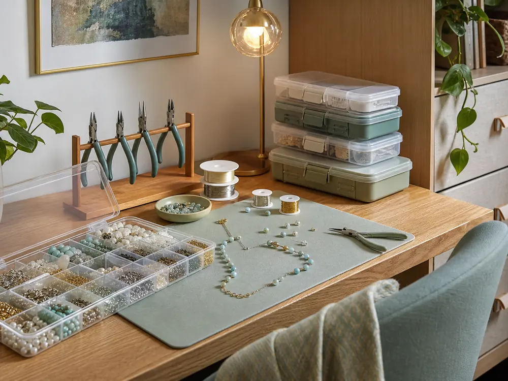 small apartment jewelry making supplies storage ideas showing jewelry making station