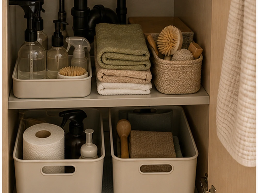 small apartment kitchenette organization ideas under sink leak tray bins