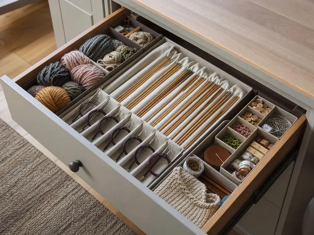 small apartment knitting supplies storage ideas showing knitting needle drawer