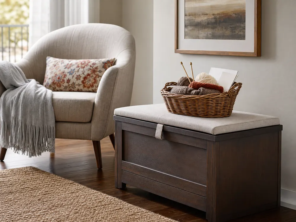 small apartment knitting supplies storage ideas showing knitting project zone