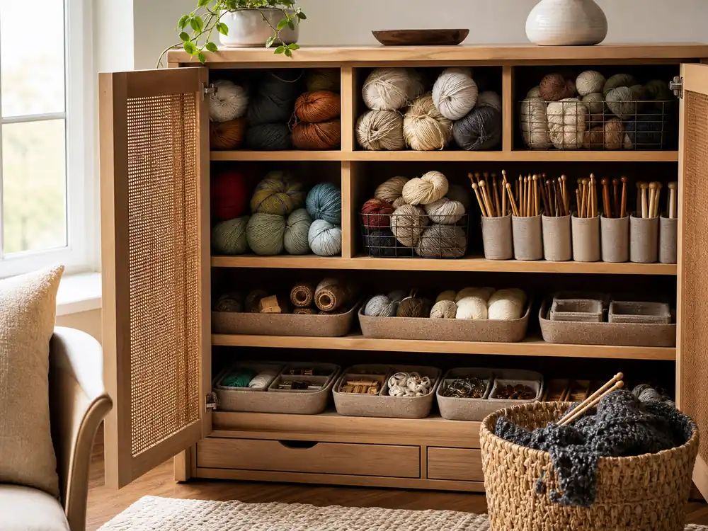 small apartment knitting supplies storage ideas showing knitting supply cabinet