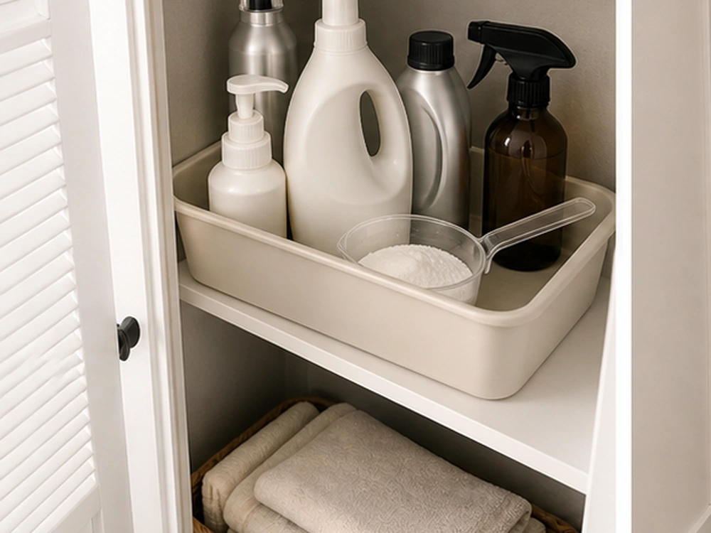 small apartment laundry detergent storage laundry closet wipeable tray